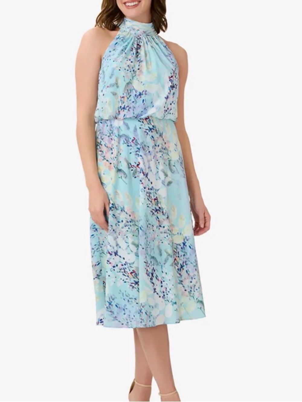 ADRIANNA PAPELL Blue Watercolor Floral Print Midi Dress